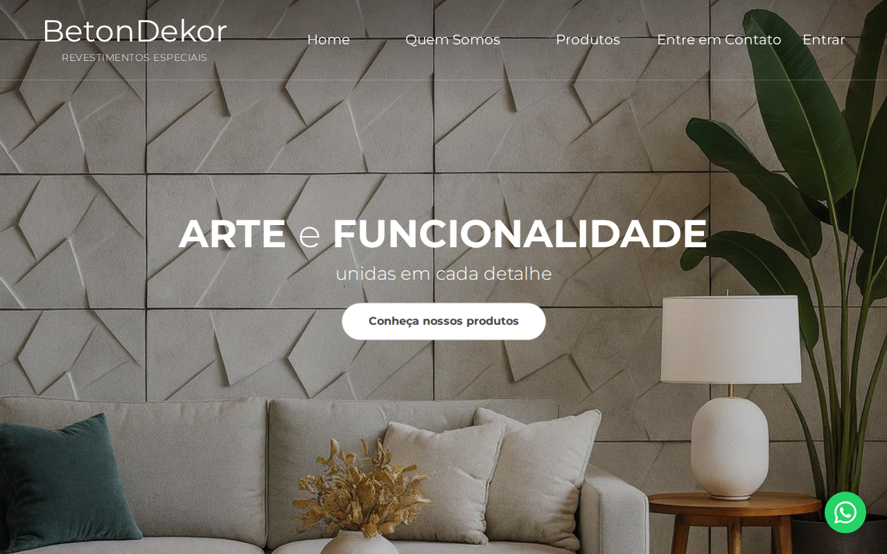 Página inicial do site BetonDekor mostrando revestimentos 3D em cimento