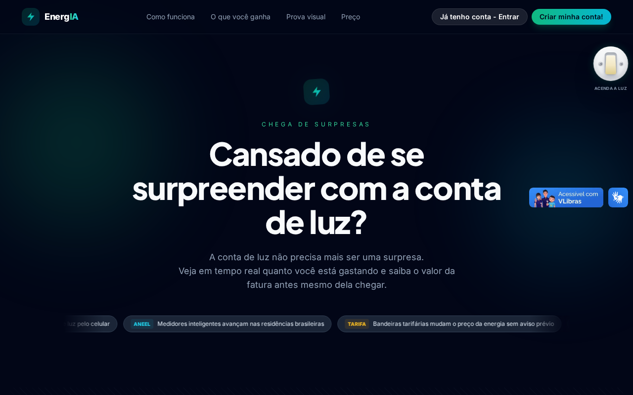 Página inicial do site EnergIA Smart Meter mostrando medidor inteligente de energia