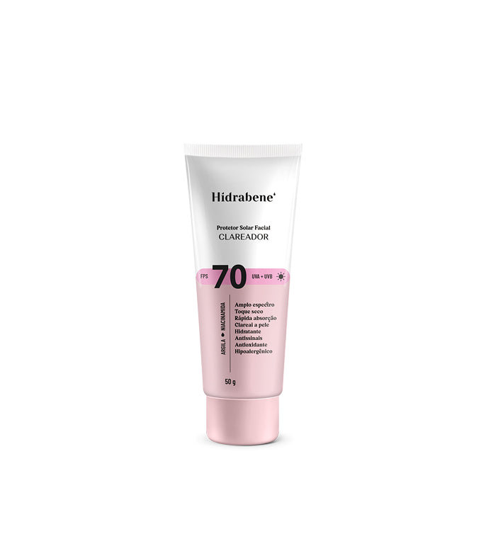 Bisnaga do Protetor Solar Facial FPS 70 Clareador Hidrabene em fundo branco