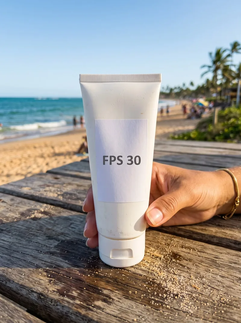 Tubo de protetor solar comum FPS 30 na praia